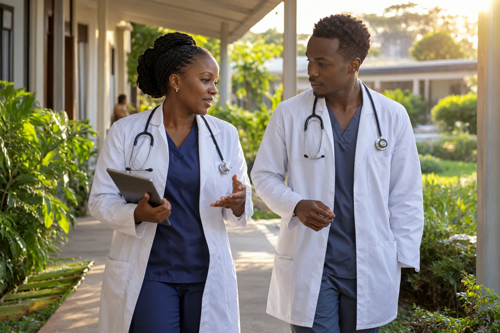 Two doctors talking as they walk along a hospital walkway